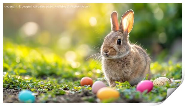 A nice bunny in the field has found Easter eggs on Print by Joaquin Corbalan