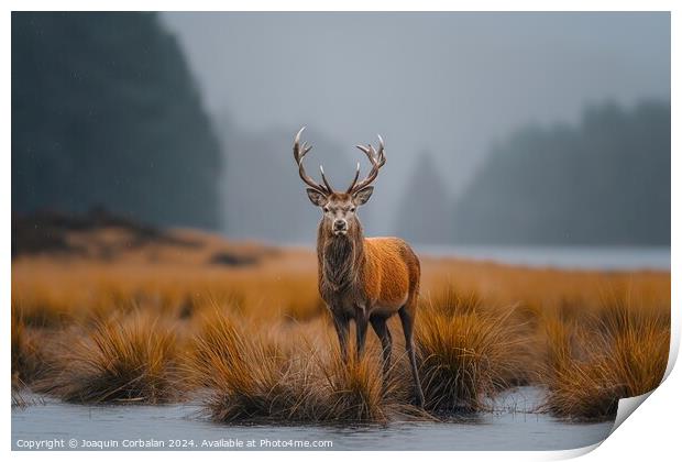 Red deer shows off its antlers on the Scottish moo Print by Joaquin Corbalan