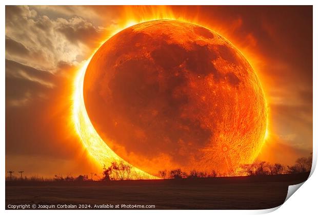 A spectacular lunar eclipse, the sun hides behind the giant moon. Print by Joaquin Corbalan