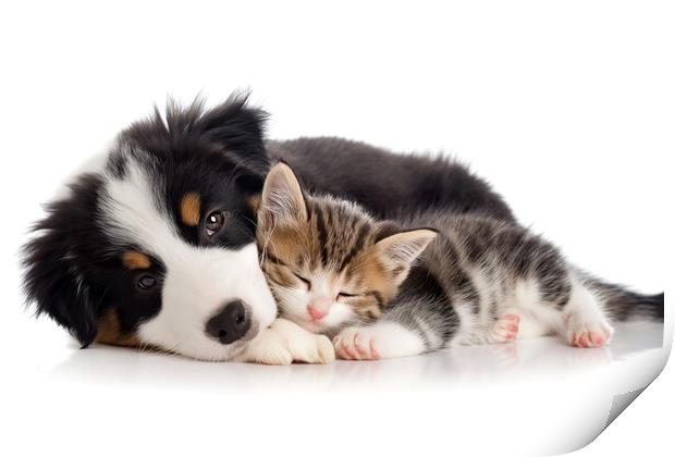 A puppy and a kitten take a nap cuddling, adorable Print by Joaquin Corbalan