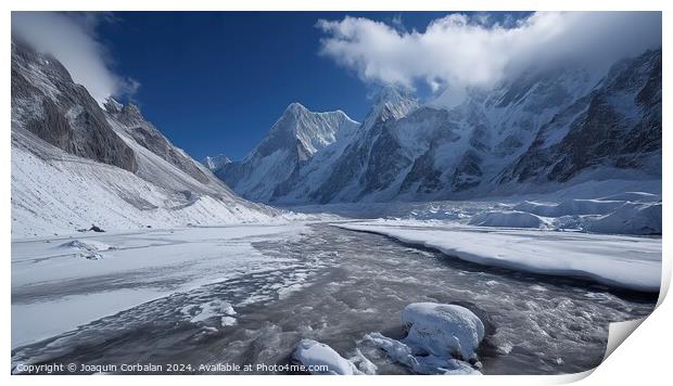Nepalese glacier in spring, melting snow between high snowy mountains. Print by Joaquin Corbalan