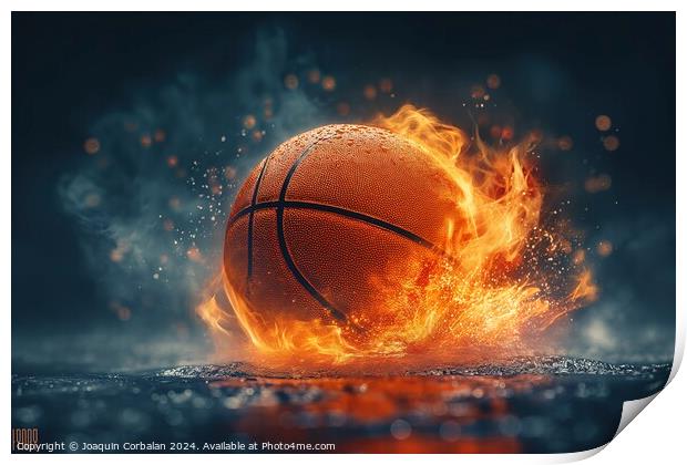 A basketball engulfed in flames stands out against Print by Joaquin Corbalan