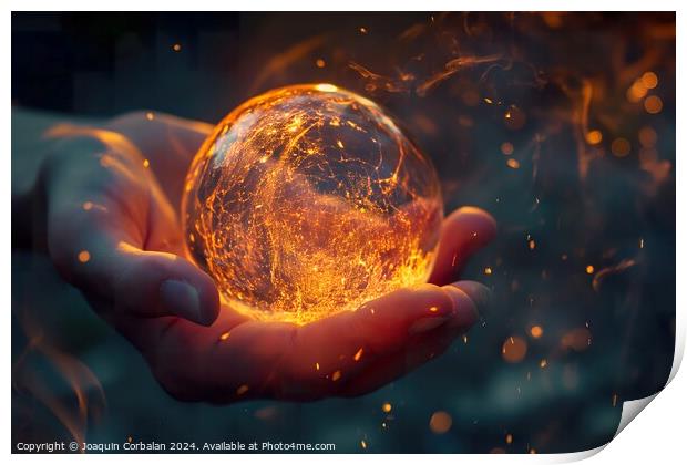 A person is seen holding a ball that emits a soft glow in their hands. Print by Joaquin Corbalan
