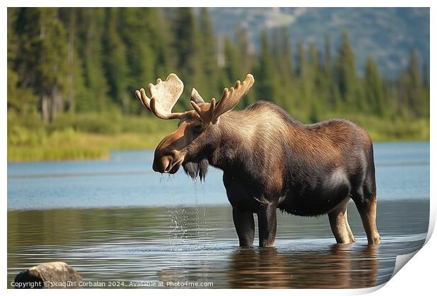 A moose is captured in this photo standing in the  Print by Joaquin Corbalan
