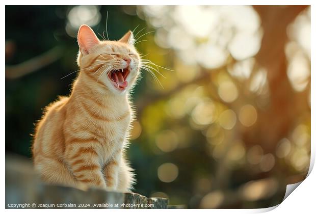 A cat sits on a fence and yawns, displaying its re Print by Joaquin Corbalan