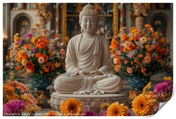 A Buddha statue is placed in the center of a room, Print by Joaquin Corbalan
