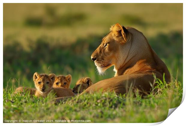 A mother lion and her cubs relax in the grass, bas Print by Joaquin Corbalan