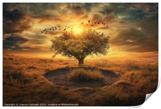 A tree standing in a field with birds flying over  Print by Joaquin Corbalan