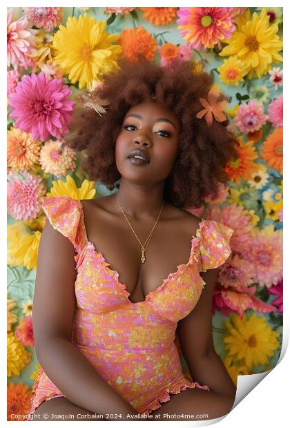 A afro woman sits in front of a flower wall, surrounded by colorful blooms. Print by Joaquin Corbalan