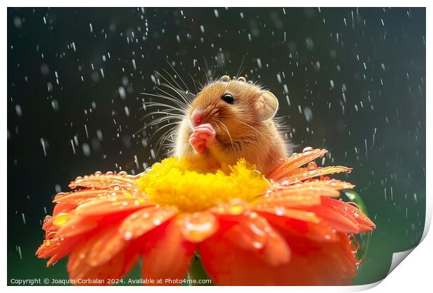 A rodent, like a little mouse, on a flower cooling off with the dew. Print by Joaquin Corbalan