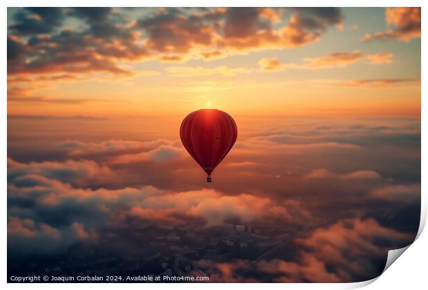 A wonderful trip in a red balloon over the clouds at sunset, copy space. Print by Joaquin Corbalan