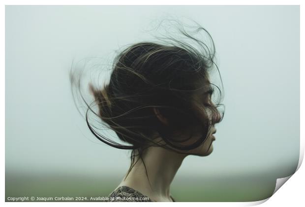 A woman standing outdoors with her hair blowing in the wind. Print by Joaquin Corbalan