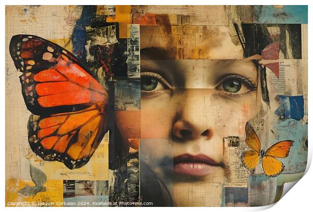 A stunning collage of a woman adorned with vibrant butterfly on her head, creating a harmonious fusion of human and natural beauty. Print by Joaquin Corbalan