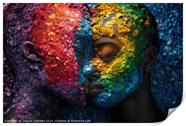 Two individuals with their faces painted in contrasting hues expressing themselves artistically. Print by Joaquin Corbalan