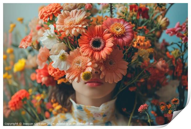 A woman wearing a crown made of colorful flowers, showcasing her unique style and love for nature. Print by Joaquin Corbalan