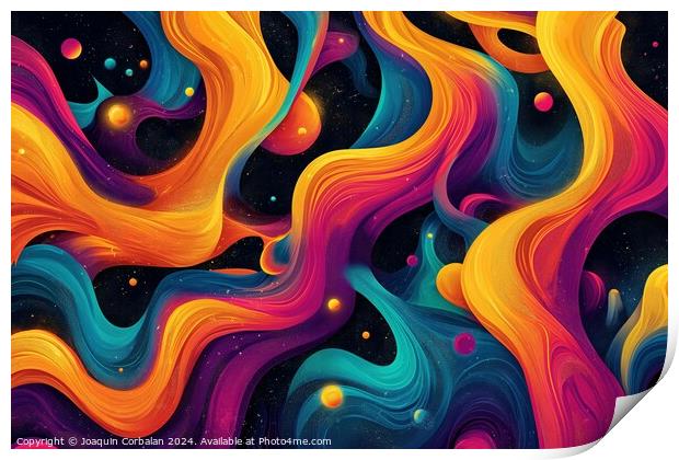 An abstract painting featuring a complex arrangement of vibrant swirls and bubbles. Print by Joaquin Corbalan