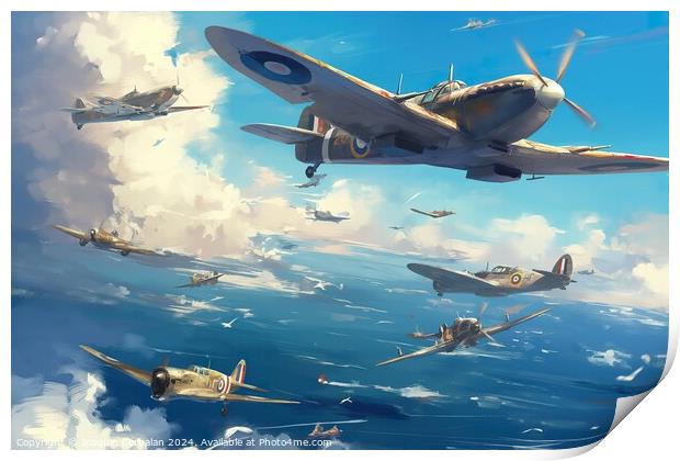 A World War II-inspired recruitment poster depicting airplanes in flight over the ocean. Print by Joaquin Corbalan