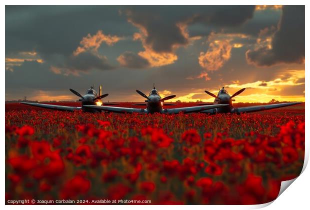 Two classic airplanes from the Battle of Britain Memorial sitting in a field filled with vibrant poppy Print by Joaquin Corbalan