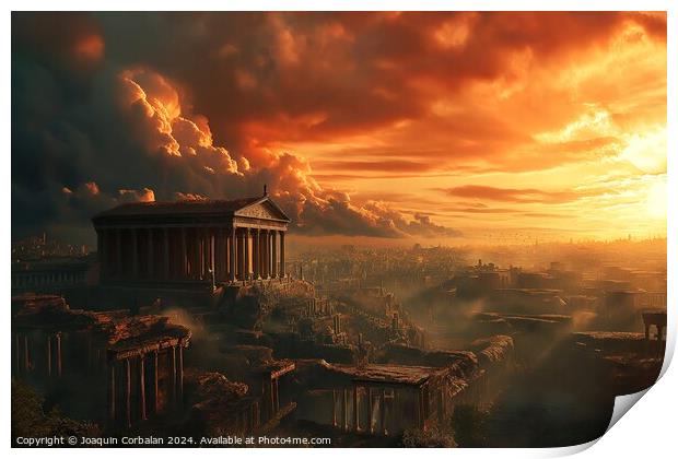 A vividly colored painting of Ancient Roma, captures a breathtaking sunset, casting warm hues over a cityscape below. Print by Joaquin Corbalan