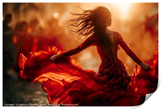 A woman in a vibrant red dress is performing a flamenco dance with raw and stylized movements. Print by Joaquin Corbalan