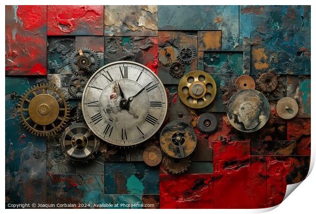 A close-up photo capturing the intricate details and composition of a clock mounted on the side of a wall. Print by Joaquin Corbalan