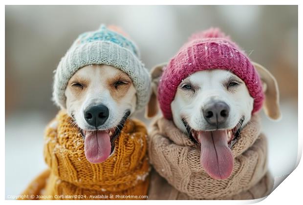 Two greyhound dogs, wearing knitted hats and scarves, enjoying the snow. Print by Joaquin Corbalan