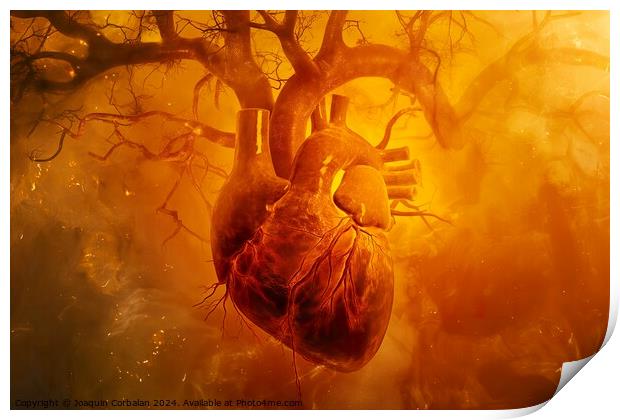 A painting depicting a human heart suspended from a tree branch. Print by Joaquin Corbalan