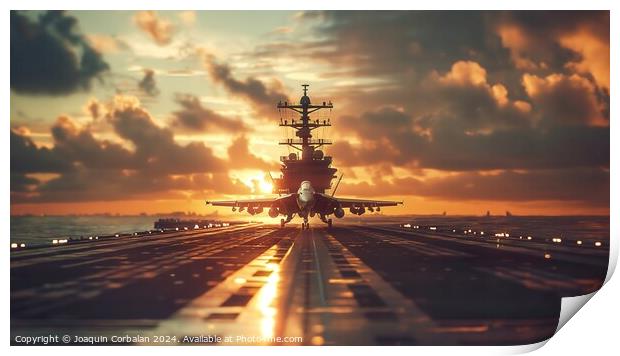 A large aircraft is parked on the runway of a military aircraft carrier while crew members perform final checks. Print by Joaquin Corbalan