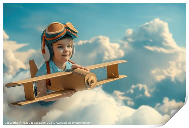 A small boy soars through the sky in a paper airplane. Print by Joaquin Corbalan