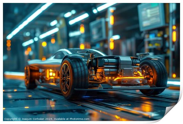 A sleek, modern electric sports car is showcased moving along a conveyor belt. Print by Joaquin Corbalan