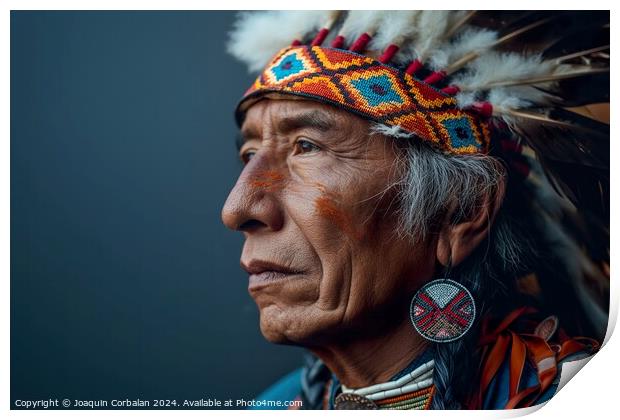 An elderly Native American man wearing a traditional headdress. Print by Joaquin Corbalan