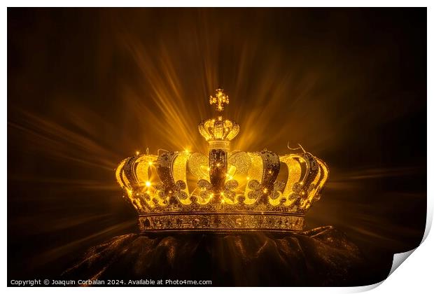 A golden crown illuminated by bright lights on a black background. Print by Joaquin Corbalan