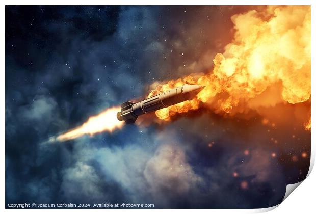 A private space shuttle flies through the sky, engulfed in flames and smoke. Print by Joaquin Corbalan