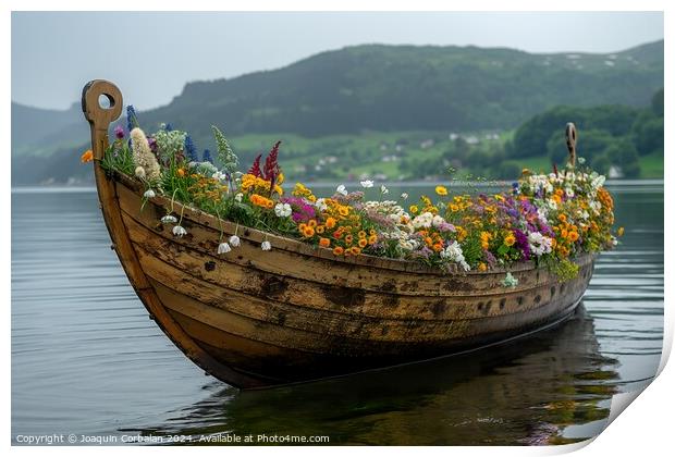 A viking boat filled with colorful flowers gently glides on the calm lake waters. Print by Joaquin Corbalan
