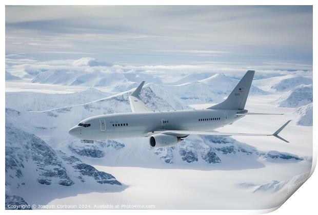 A plane flies over a snow-covered mountain range in the Arctic region on a clear day. Print by Joaquin Corbalan