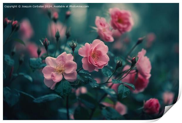 Close-up of a bunch of pink flowers with vibrant green leaves, showcasing the beauty of Rosy Carpet wild roses. Print by Joaquin Corbalan