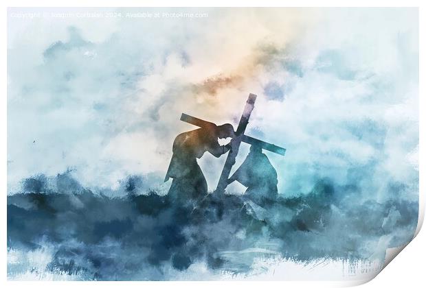 A digital watercolor painting depicting Jesus carrying a cross. Print by Joaquin Corbalan