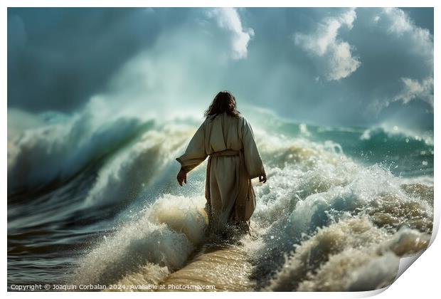 Jesus Christ , walking on turbulent waters, fancing towards camera Print by Joaquin Corbalan