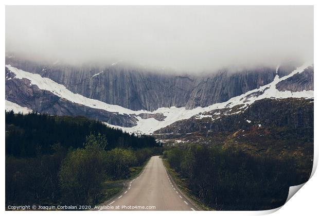 Challenging road to a rocky mountain with fog Print by Joaquin Corbalan