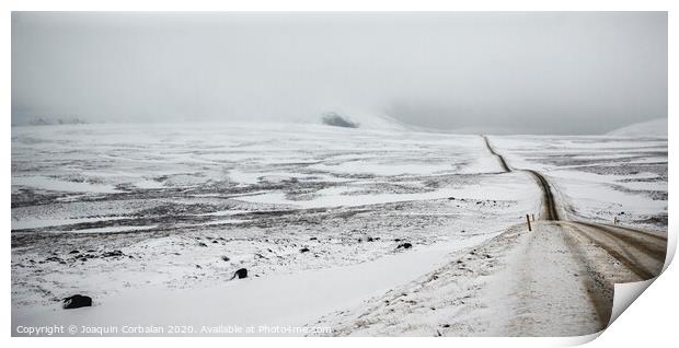 Road covered in snow one winter stormy day, very dangerous to drive due to adverse weather. Print by Joaquin Corbalan