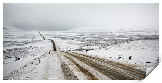 Road covered in snow one winter stormy day, very dangerous to drive due to adverse weather. Print by Joaquin Corbalan