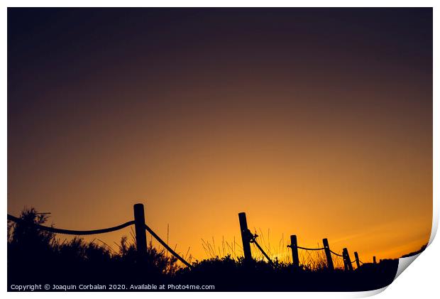 Warm sunset with silhouette of beach dunes Print by Joaquin Corbalan