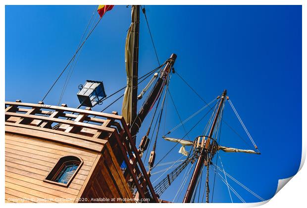 Stern of old galley docked in port to navigate the ocean in the discovery of America. Print by Joaquin Corbalan