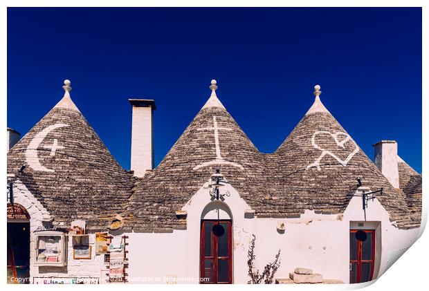 Roofs with symbols in the trulli, in the famous Italian city of Alberobello. Print by Joaquin Corbalan