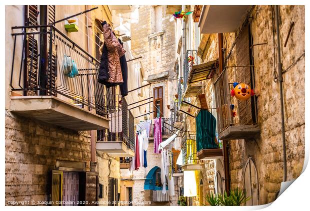 Colorful and old alleys of the touristic Italian city of Bari. Print by Joaquin Corbalan