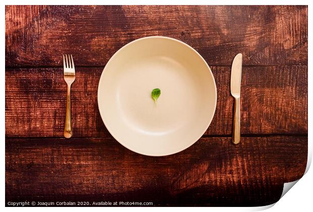 Diet to lose weight, image of plate and cutlery with a little scanty vegetable. Print by Joaquin Corbalan