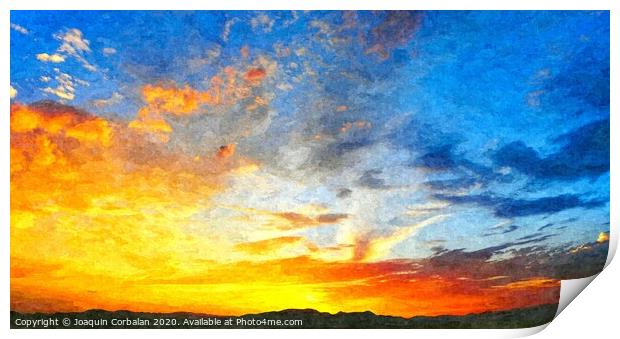 Beautiful sunset in landscape in nature with warm sky, digital art oil painting from a photograph. Print by Joaquin Corbalan