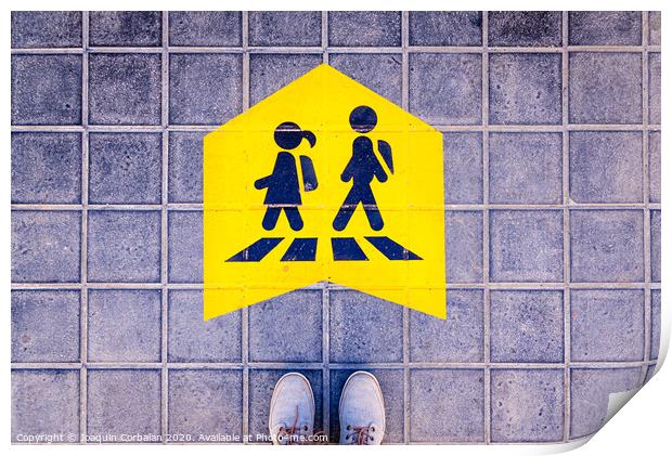 Foot standing on a street a safe way mark for children on the way to school. Print by Joaquin Corbalan