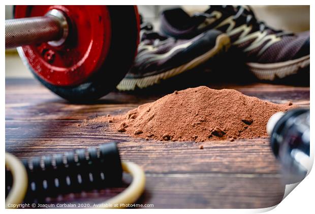 Athletes need to consume extra protein powder supplement, in the image with cocoa flavor, to improve their sports performance. Print by Joaquin Corbalan