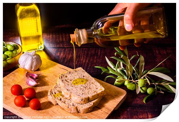 A Mediterranean cook prepares a slice of bread with virgin olive oil, tomatoes and garlic, a traditional breakfast in the Mediterranean countries. Print by Joaquin Corbalan